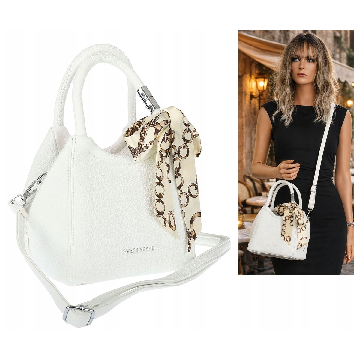 Torebka damska elegancka na ramię z apaszką klasyczna modna YM22 Biała