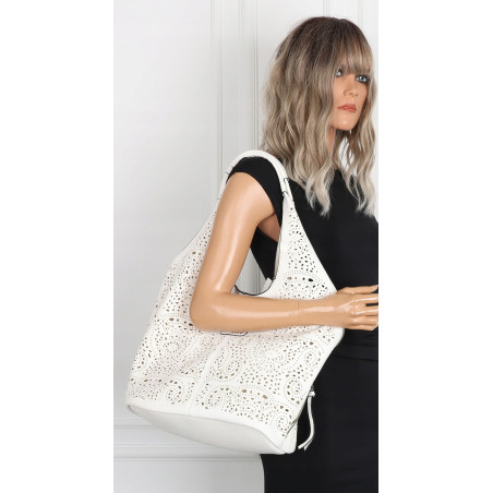 Torebka Damska Ażurowa Worek Shopper 2w1 Modna Pojemna Torba CH28 Biała