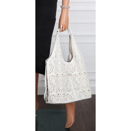 Torebka Damska Ażurowa Worek Shopper 2w1 Modna Pojemna Torba CH28 Biała