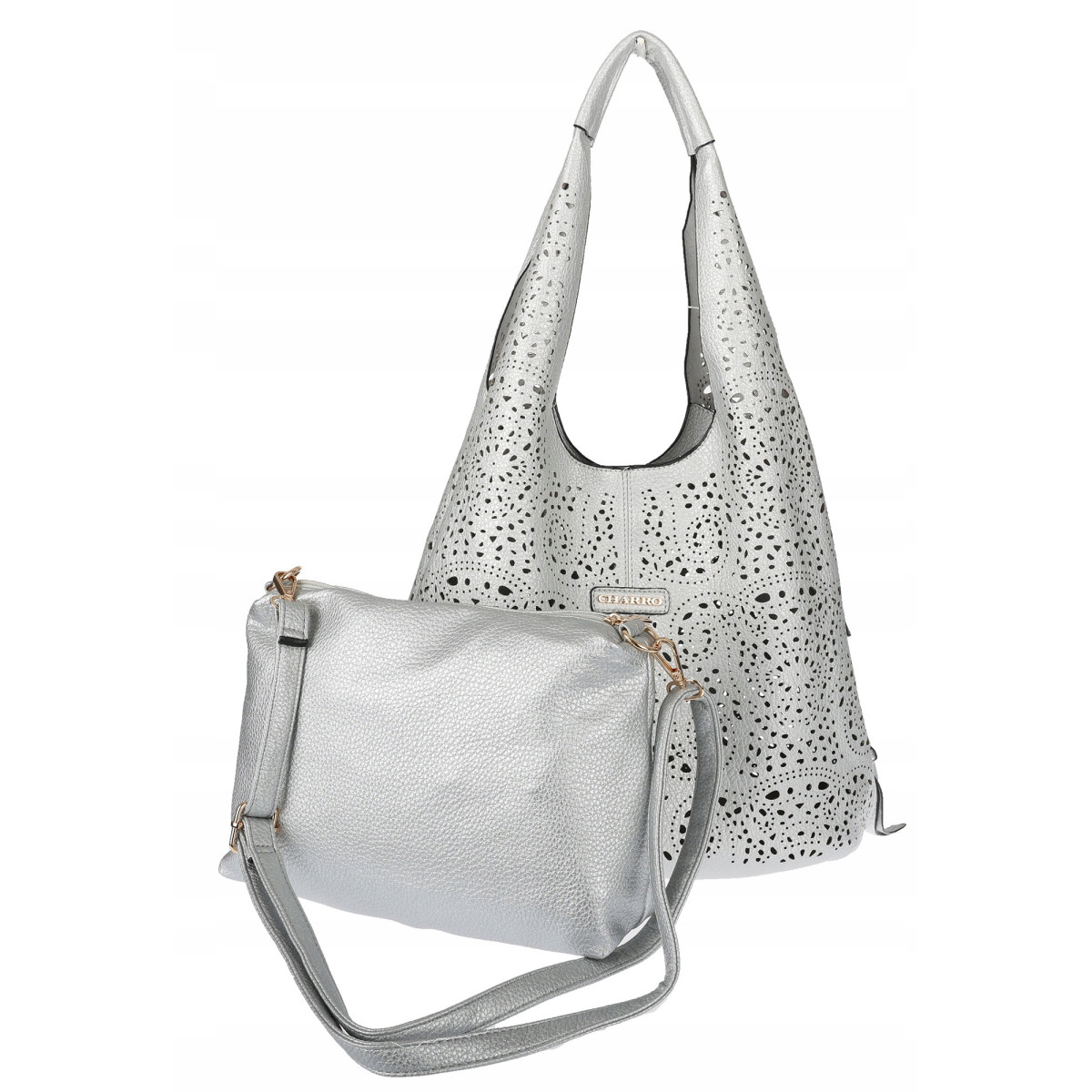 Torebka Damska Ażurowa Worek Shopper 2w1 Modna Pojemna Torba CH28 Srebrna