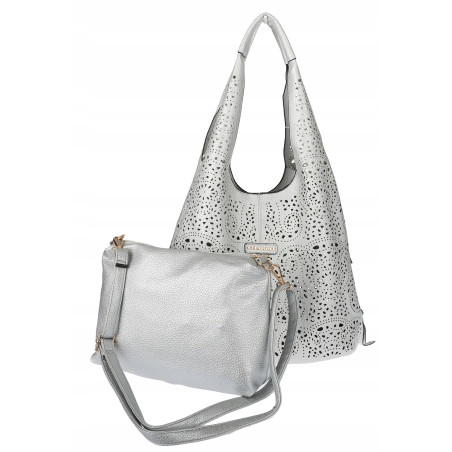 Torebka Damska Ażurowa Worek Shopper 2w1 Modna Pojemna Torba CH28 Srebrna