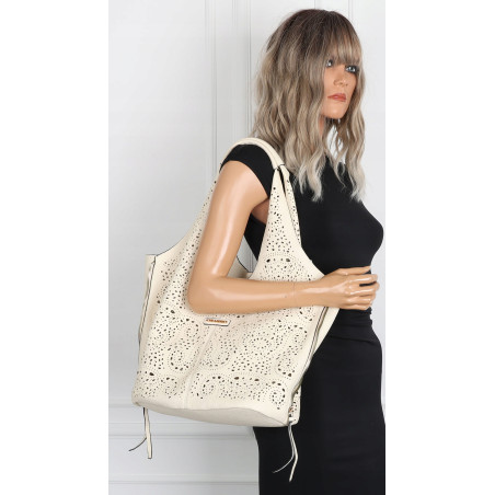 Torebka Damska Ażurowa Worek Shopper 2w1 Modna Pojemna Torba CH28 Beżowa
