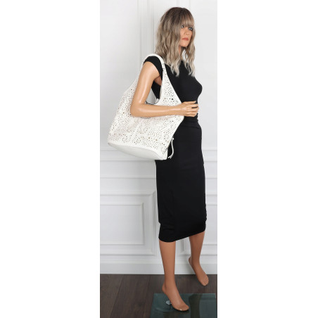 Torebka Damska Ażurowa Worek Shopper 2w1 Modna Pojemna Torba CH28 Biała