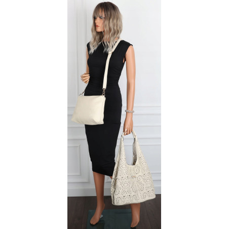 Torebka Damska Ażurowa Worek Shopper 2w1 Modna Pojemna Torba CH28 Beżowa