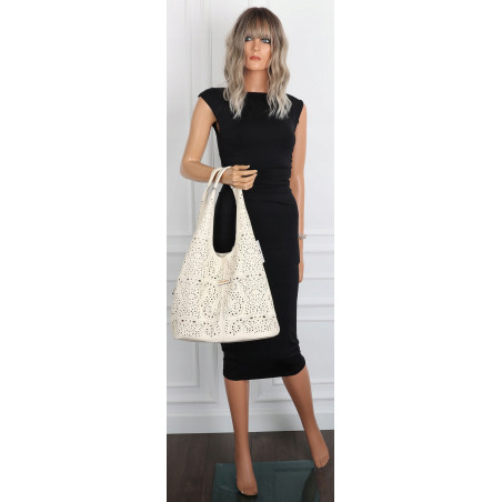 Torebka Damska Ażurowa Worek Shopper 2w1 Modna Pojemna Torba CH28 Beżowa