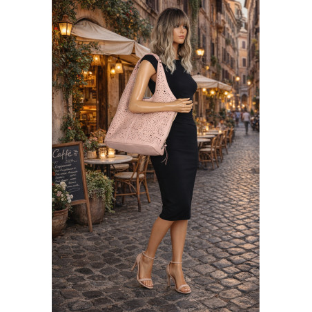 Torebka Damska Ażurowa Worek Shopper 2w1 Modna Pojemna Torba CH28 Różowa