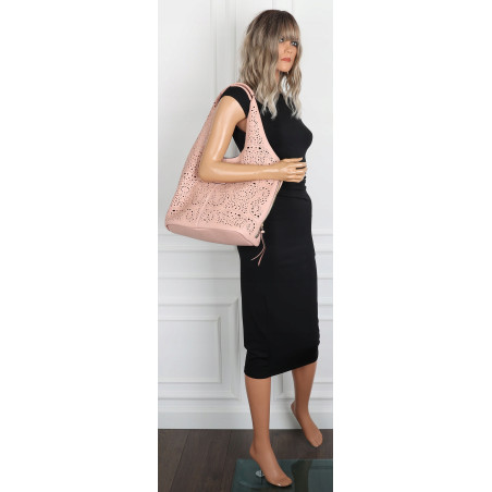 Torebka Damska Ażurowa Worek Shopper 2w1 Modna Pojemna Torba CH28 Różowa