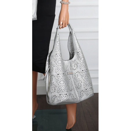 Torebka Damska Ażurowa Worek Shopper 2w1 Modna Pojemna Torba CH28 Srebrna