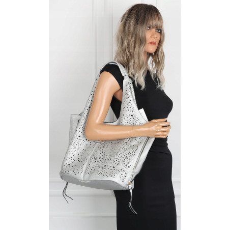 Torebka Damska Ażurowa Worek Shopper 2w1 Modna Pojemna Torba CH28 Srebrna