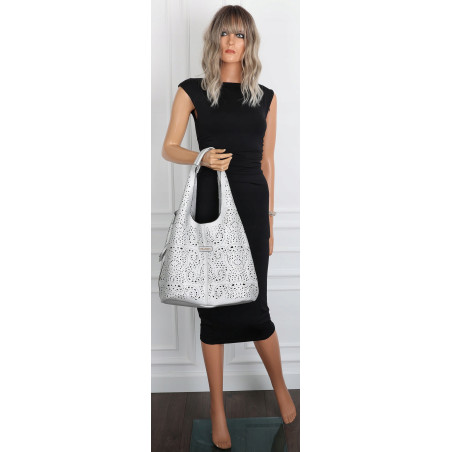 Torebka Damska Ażurowa Worek Shopper 2w1 Modna Pojemna Torba CH28 Srebrna