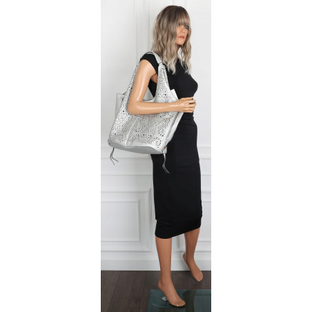 Torebka Damska Ażurowa Worek Shopper 2w1 Modna Pojemna Torba CH28 Srebrna