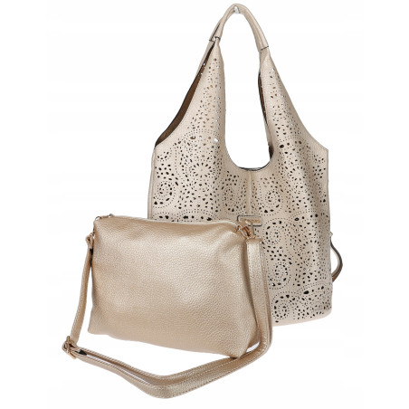 Torebka Damska Ażurowa Worek Shopper 2w1 Modna Pojemna Torba CH28 Złota
