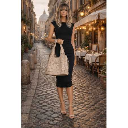 Torebka Damska Ażurowa Worek Shopper 2w1 Modna Pojemna Torba CH28 Beżowa