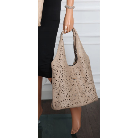 Torebka Damska Ażurowa Worek Shopper 2w1 Modna Pojemna Torba CH28 Beżowa
