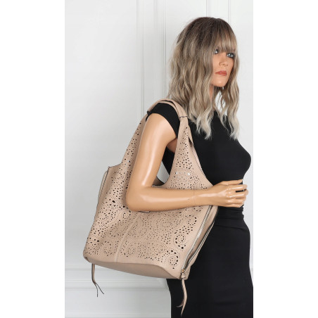 Torebka Damska Ażurowa Worek Shopper 2w1 Modna Pojemna Torba CH28 Beżowa