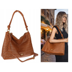 Torebka damska worek shopper pojemna na ramię ażurowa torba EC6272 Brązowa