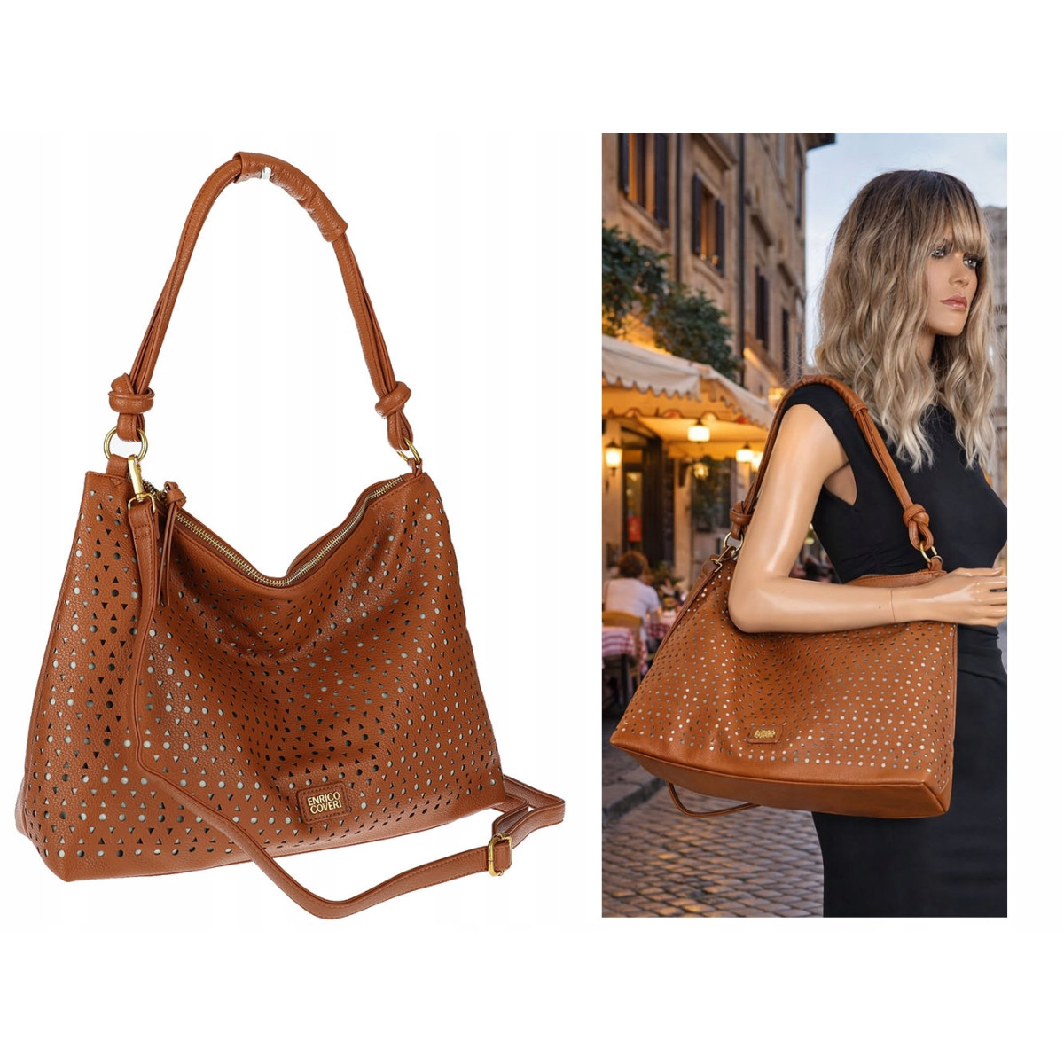 Torebka damska worek shopper pojemna na ramię ażurowa torba EC6272 Brązowa