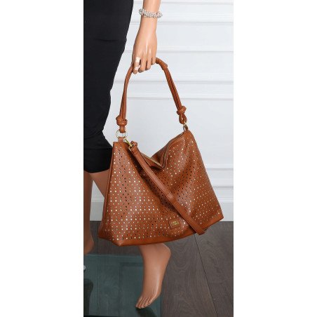 Torebka damska worek shopper pojemna na ramię ażurowa torba EC6272 Brązowa