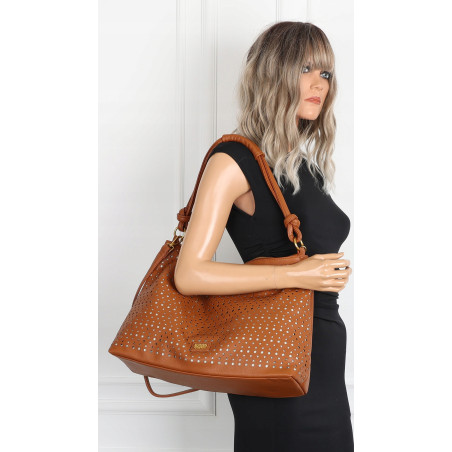 Torebka damska worek shopper pojemna na ramię ażurowa torba EC6272 Brązowa