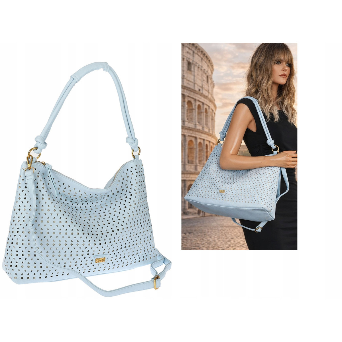 Torebka damska worek shopper pojemna na ramię ażurowa EC6272 Niebieska