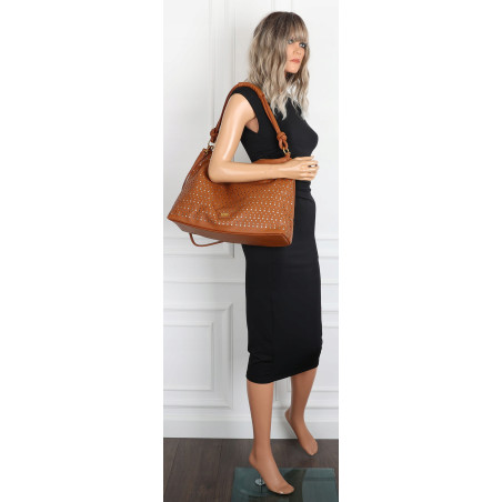 Torebka damska worek shopper pojemna na ramię ażurowa torba EC6272 Brązowa