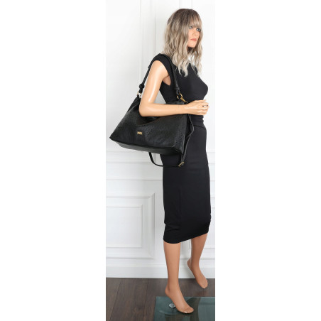 Torebka damska worek shopper pojemna na ramię ażurowa torba EC6272 Czarna