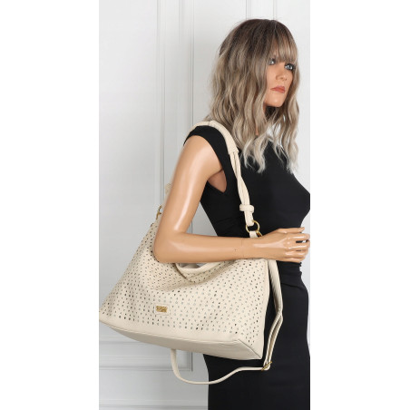 Torebka damska worek shopper pojemna na ramię ażurowa torba EC6272 Beżowa