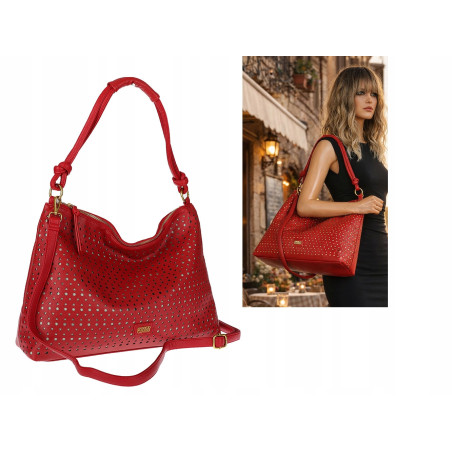 Torebka damska worek shopper pojemna na ramię ażurowa torba EC6272 Czerwona