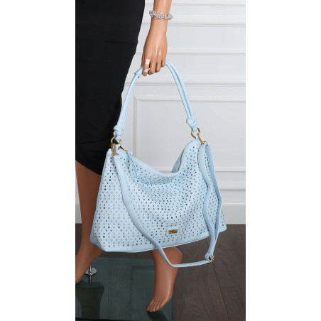 Torebka damska worek shopper pojemna na ramię ażurowa EC6272 Niebieska