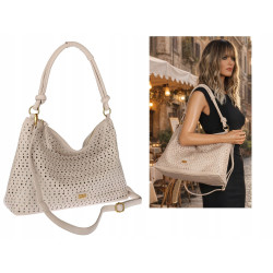 Torebka damska worek shopper pojemna na ramię ażurowa torba EC6272 Beżowa