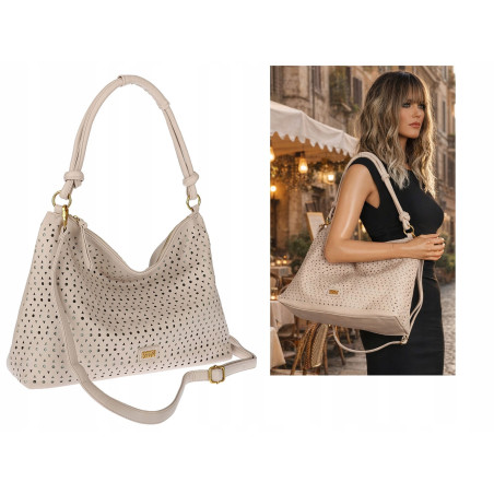 Torebka damska worek shopper pojemna na ramię ażurowa torba EC6272 Beżowa