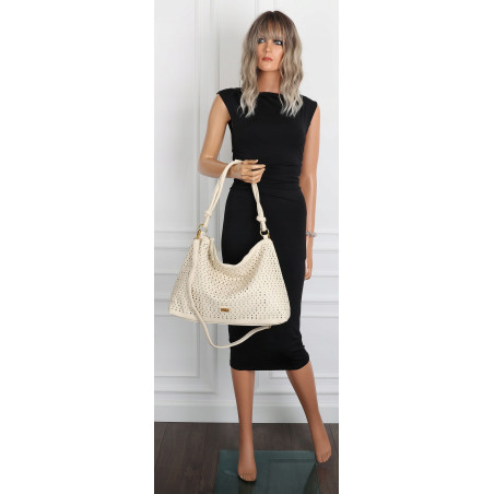 Torebka damska worek shopper pojemna na ramię ażurowa torba EC6272 Beżowa