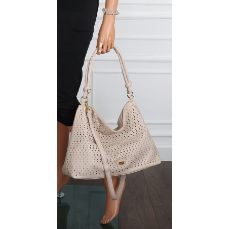 Torebka damska worek shopper pojemna na ramię ażurowa torba EC6272 Beżowa