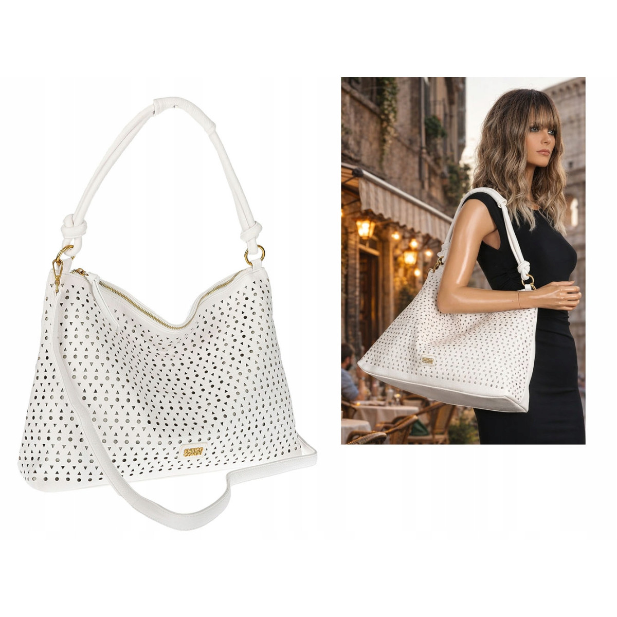 Torebka damska worek shopper pojemna na ramię ażurowa torba EC6272 Biała