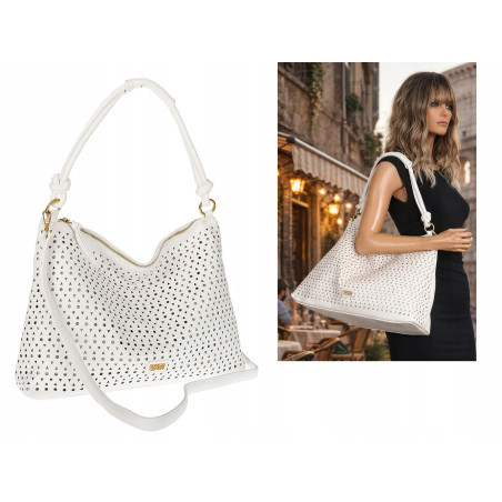Torebka damska worek shopper pojemna na ramię ażurowa torba EC6272 Biała