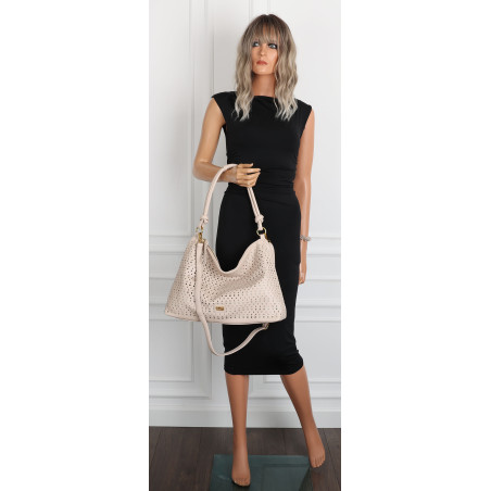 Torebka damska worek shopper pojemna na ramię ażurowa torba EC6272 Beżowa