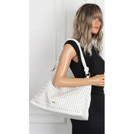 Torebka damska worek shopper pojemna na ramię ażurowa torba EC6272 Biała