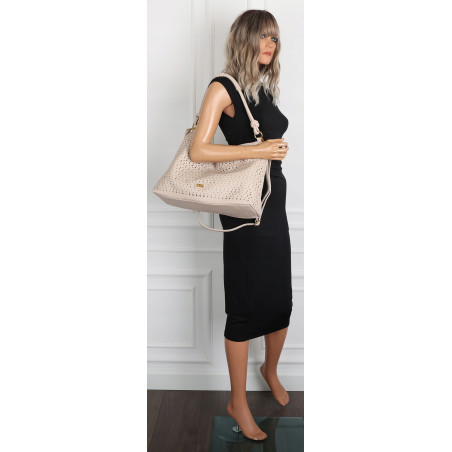 Torebka damska worek shopper pojemna na ramię ażurowa torba EC6272 Beżowa