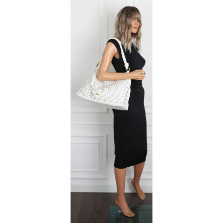 Torebka damska worek shopper pojemna na ramię ażurowa torba EC6272 Biała
