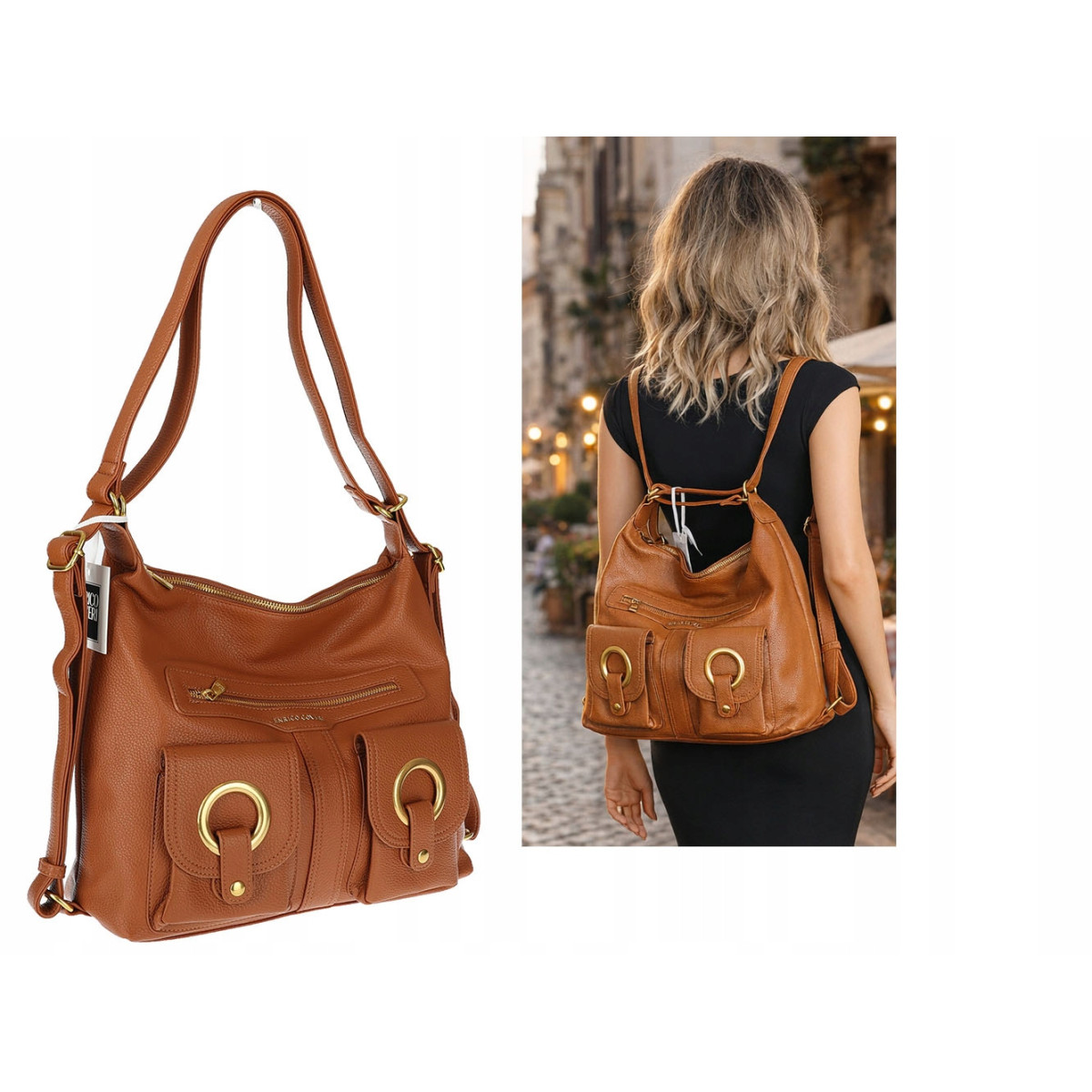 Torebka Damska Shopper Plecak Miejska 2w1 Worek na Ramię EC3165 Brązowa