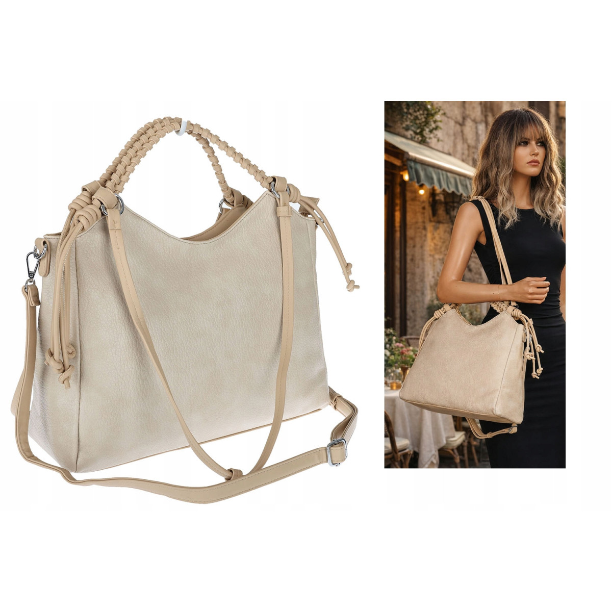 Torebka damska shopper pojemna listonoszka na ramię torba MC599 Beżowa