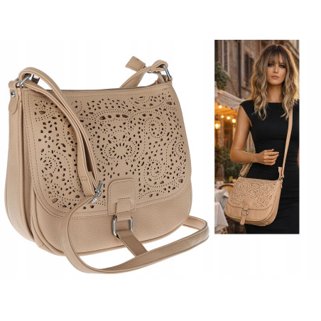 Torebka damska HERISSON pojemna ażurowa na ramię Listonoszka 15B322 Beżowa