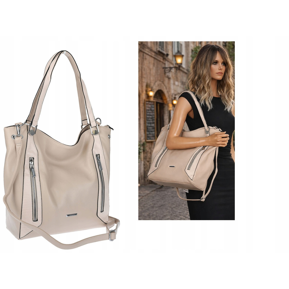 Torebka Damska Listonoszka Worek Shopper Modna Torba na Ramię SR8257 Beżowa