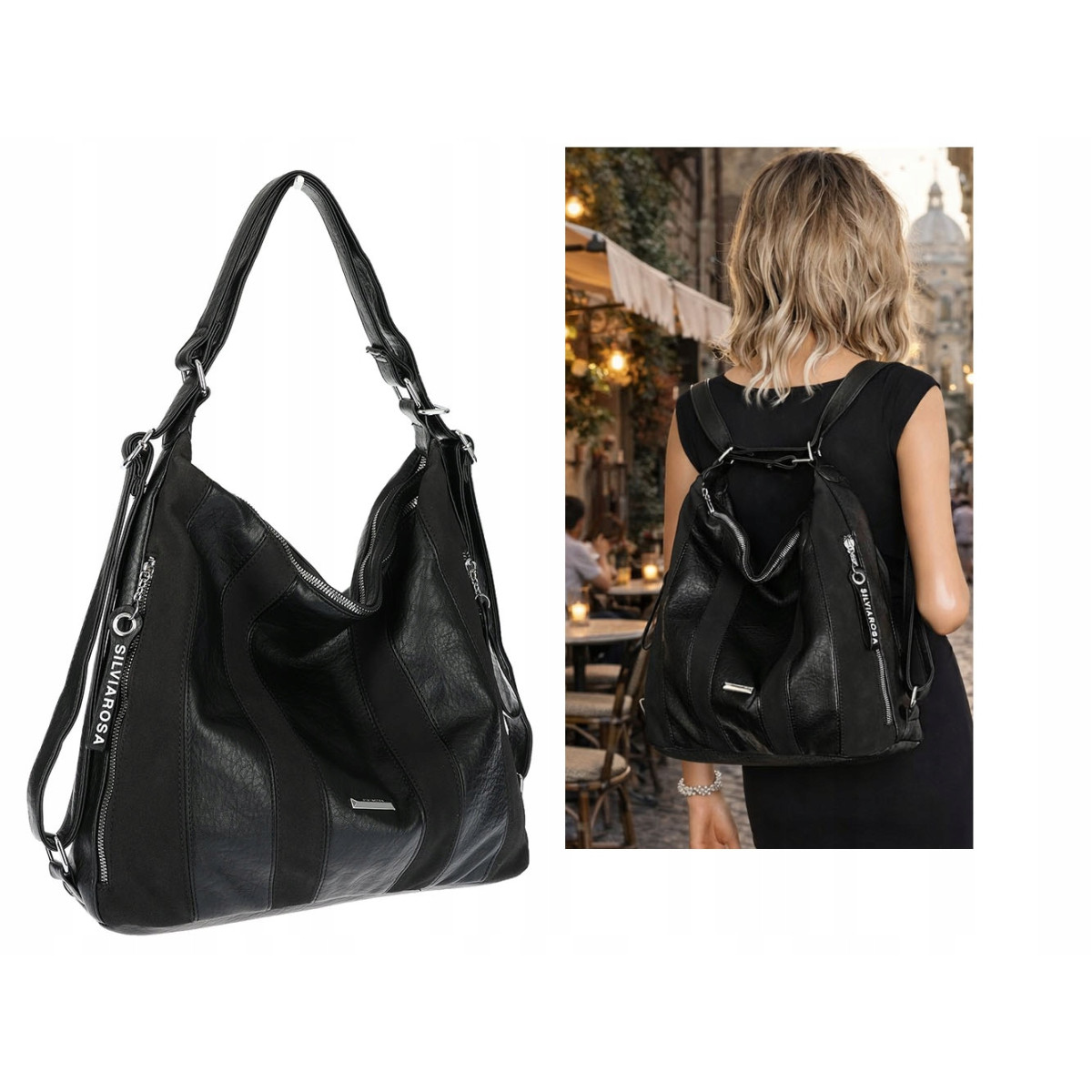 Torebka Damska Shopper Plecak Miejska 2w1 Worek Torba na Ramię SR090 Czarna