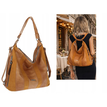 Torebka Damska Shopper Plecak Miejska 2w1 Worek na Ramię SR090 Brązowa