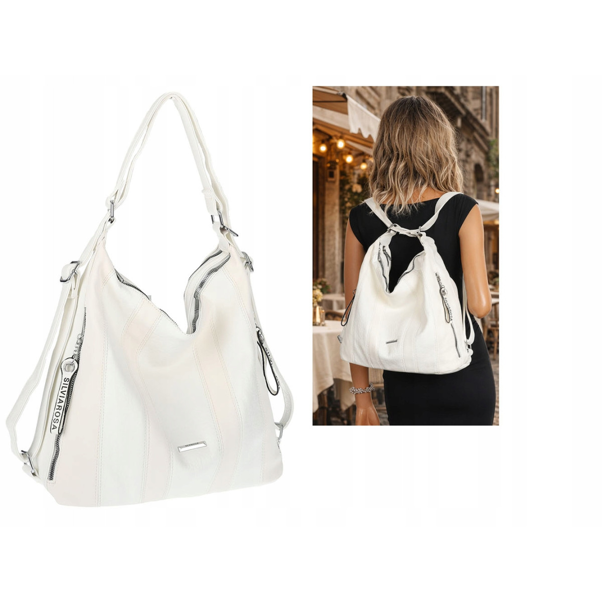 Torebka Damska Shopper Plecak Miejska 2w1 Worek Torba na Ramię SR090 Biała