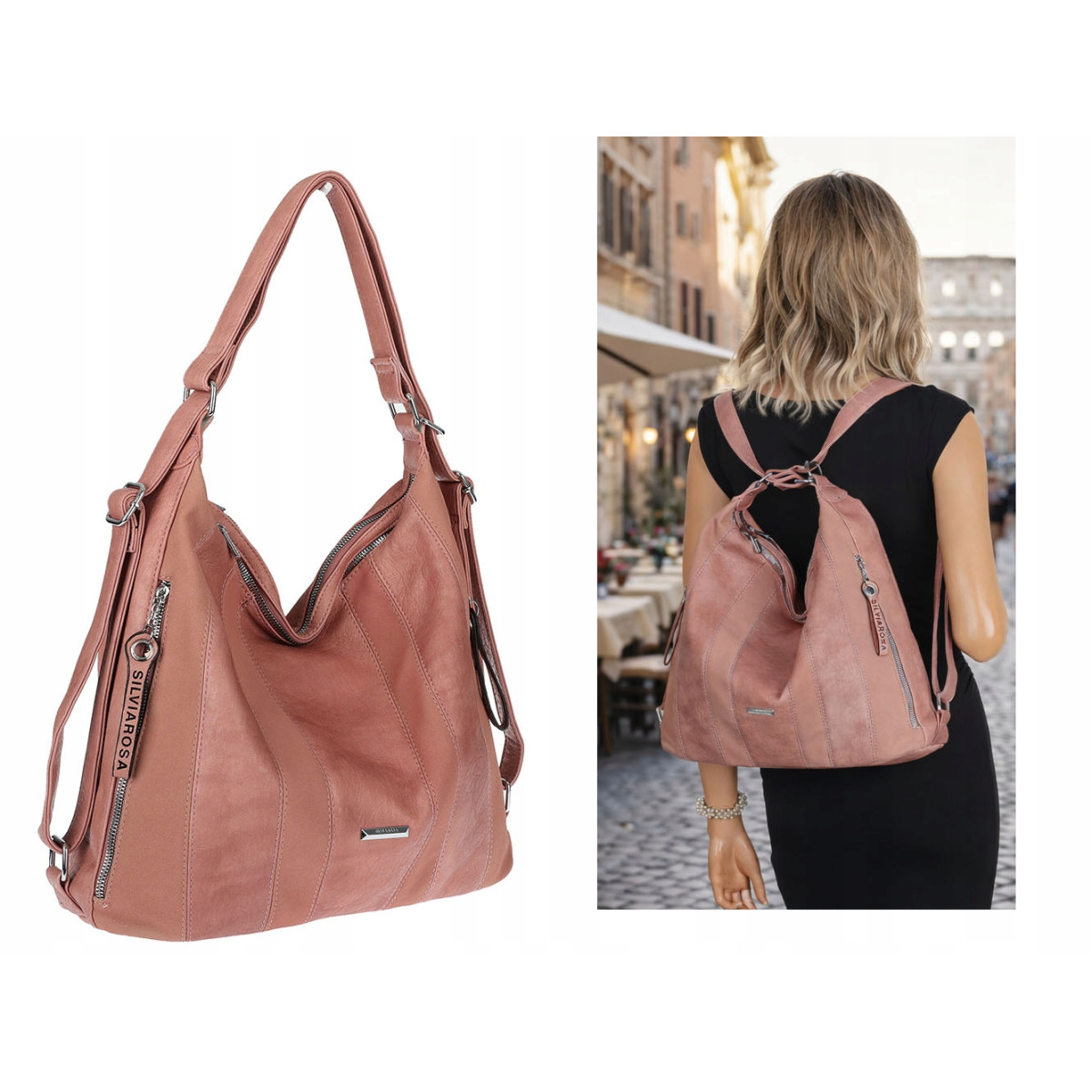 Torebka Damska Shopper Plecak Miejska 2w1 Worek Torba na Ramię SR090 Różowa