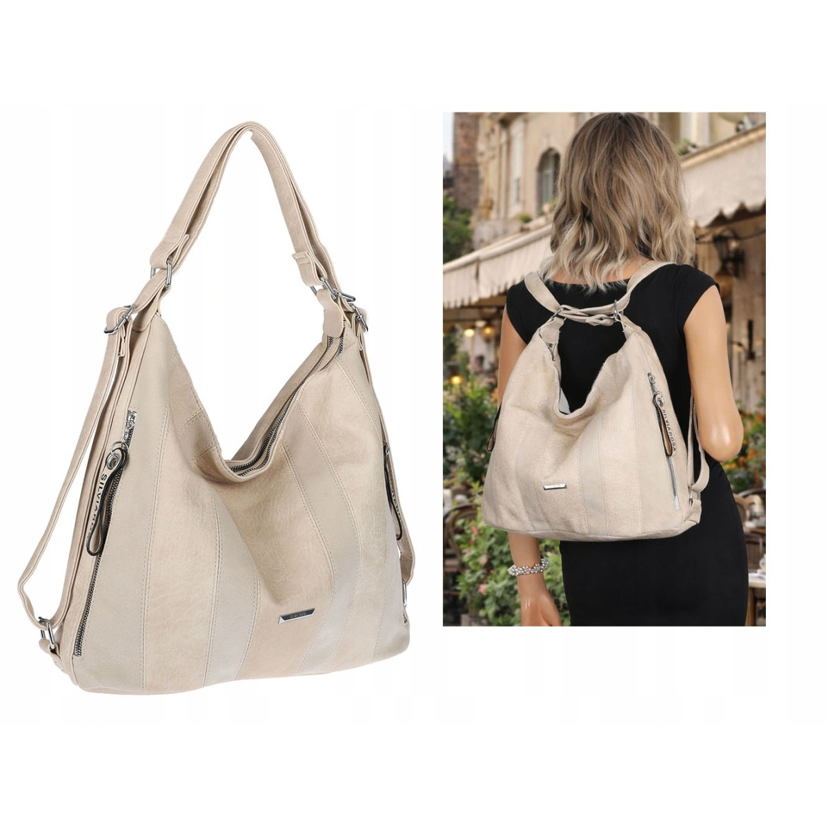 Torebka Damska Shopper Plecak Miejska 2w1 Worek Torba na Ramię SR090 Beżowa