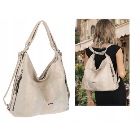 Torebka Damska Shopper Plecak Miejska 2w1 Worek Torba na Ramię SR090 Beżowa