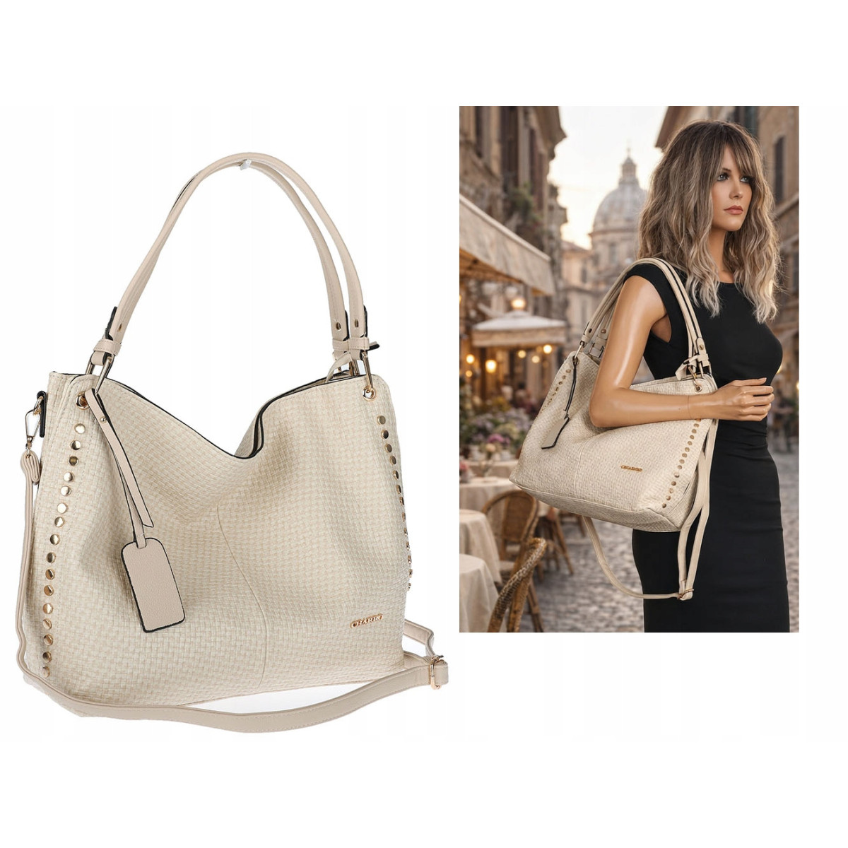 Torebka damska worek shopper pojemna miejska casual na ramię CH3368 Beżowa